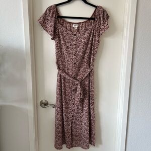 Red button down floral midi dress